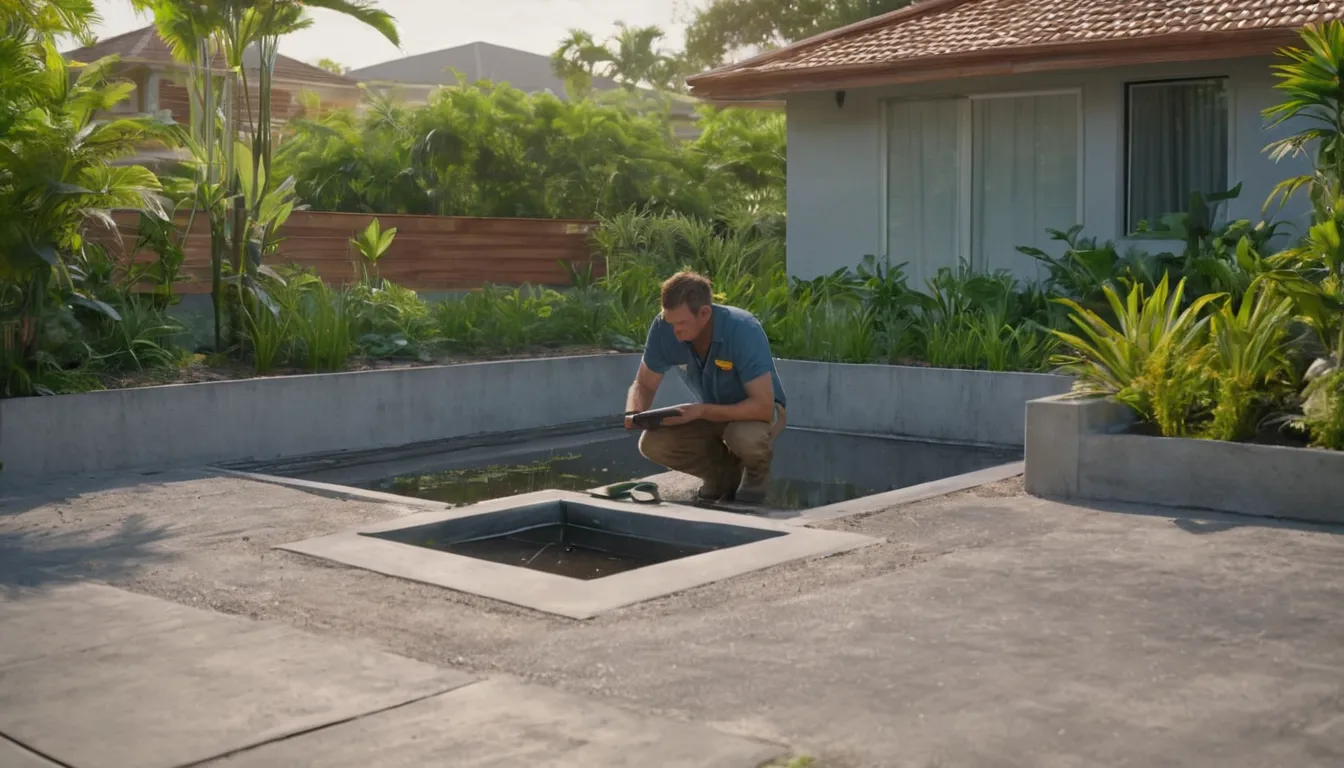 Provider inspecting a septic tank access lid in a residential yard near Temple Terrace